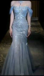 Pretty Mermaid Off The Shoulder Blue Tulle Silver Beads Long Prom Dress Formal Evening Dress