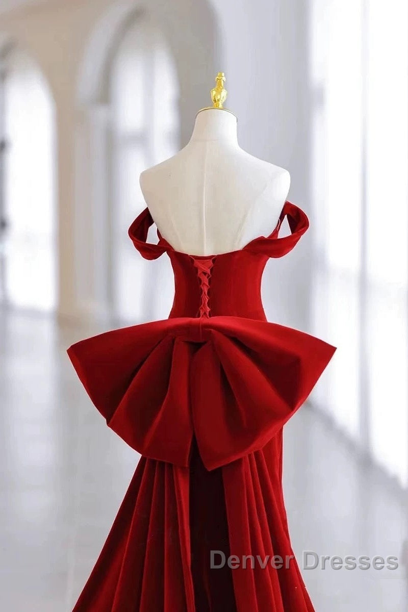 Pretty Mermaid Off The Shoulder Burgundy Satin Long Evening Dress Prom Dress