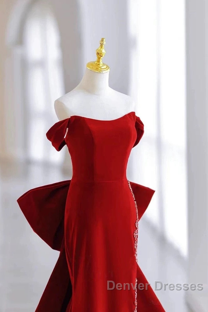 Pretty Mermaid Off The Shoulder Burgundy Satin Long Evening Dress Prom Dress