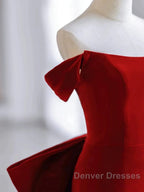 Pretty Mermaid Off The Shoulder Burgundy Satin Long Evening Dress Prom Dress