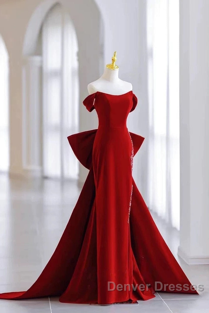 Pretty Mermaid Off The Shoulder Burgundy Satin Long Evening Dress Prom Dress