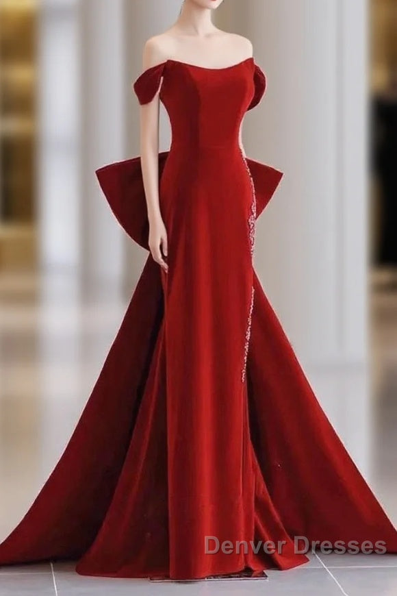 Pretty Mermaid Off The Shoulder Burgundy Satin Long Evening Dress Prom Dress