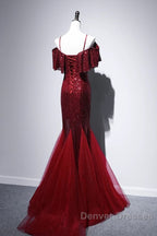 Pretty Mermaid Off The Shoulder Burgundy Sequin Long Evening Dress Prom Dress