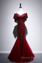 Pretty Mermaid Off The Shoulder Burgundy Sequin Long Evening Dress Prom Dress