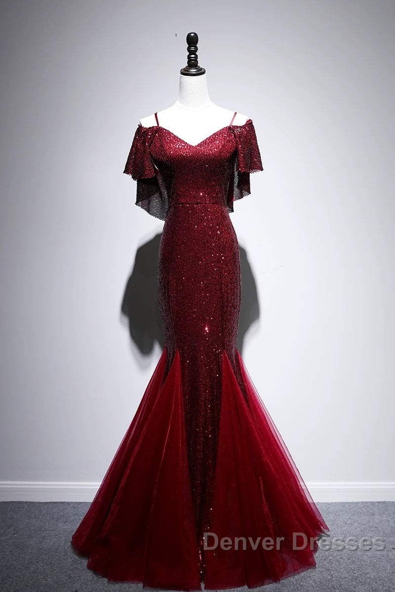 Pretty Mermaid Off The Shoulder Burgundy Sequin Long Evening Dress Prom Dress