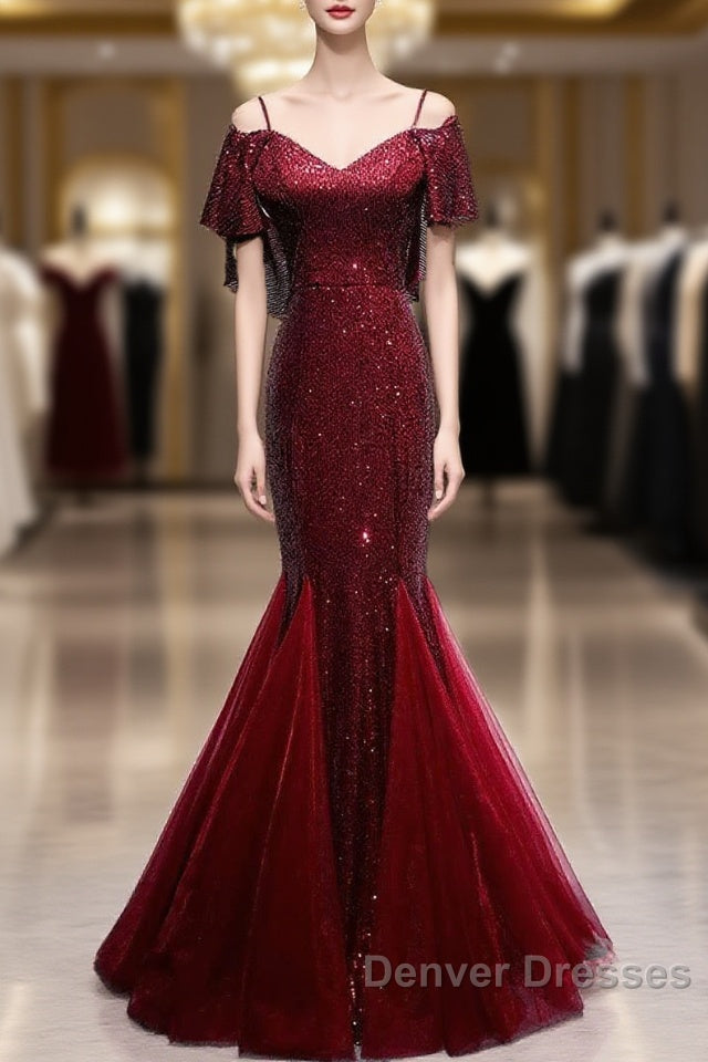 Pretty Mermaid Off The Shoulder Burgundy Sequin Long Evening Dress Prom Dress