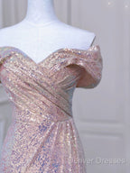 Pretty Mermaid Off The Shoulder Pink Sequin Long Evening Dress Prom Dress