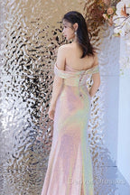 Pretty Mermaid Off The Shoulder Pink Sequin Long Evening Dress Prom Dress