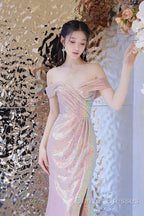 Pretty Mermaid Off The Shoulder Pink Sequin Long Evening Dress Prom Dress