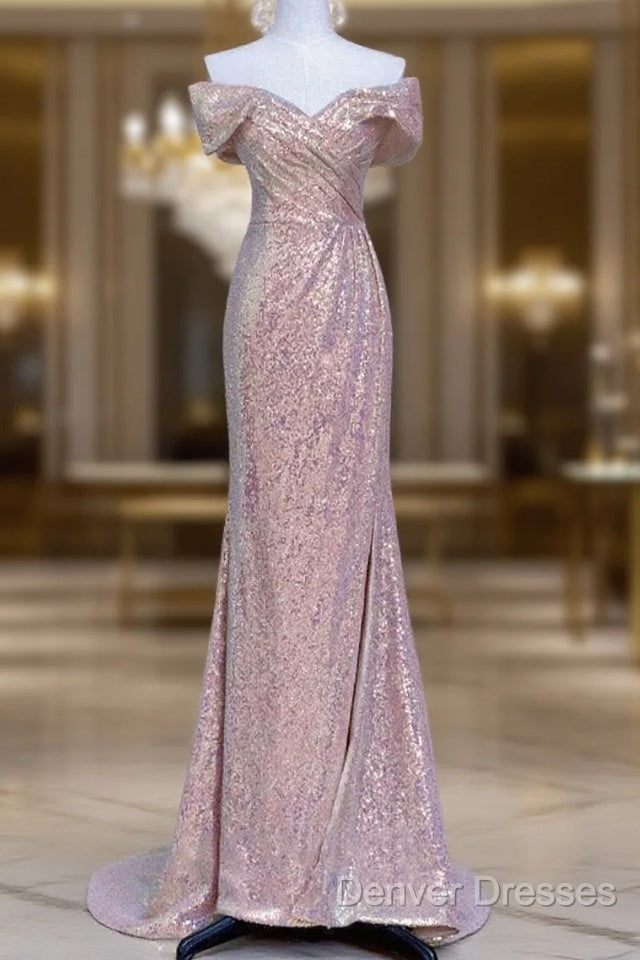 Pretty Mermaid Off The Shoulder Pink Sequin Long Evening Dress Prom Dress Main image