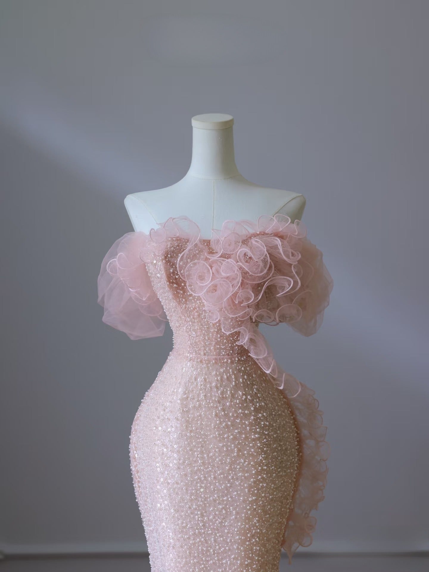 Pretty Mermaid Off The Shoulder Pink Sequin Long Prom Dress Evening Gowns