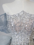 Pretty Mermaid Off The Shoulder Sequin Blue Long Prom Dress Evening Gowns