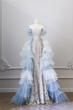 Pretty Mermaid Off The Shoulder Sequin Blue Long Prom Dress Evening Gowns