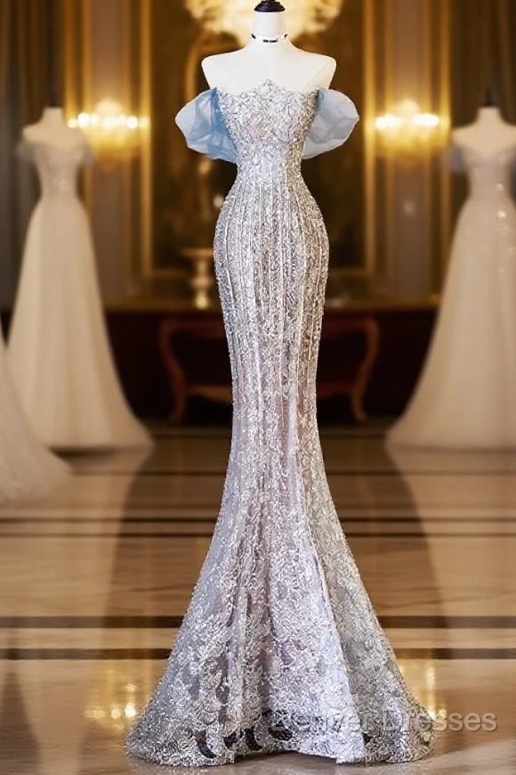 Pretty Mermaid Off The Shoulder Sequin Blue Long Prom Dress Evening Gowns Main image