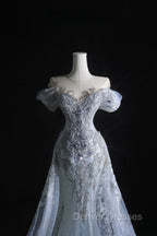 Pretty Mermaid Off The Shoulder Silver Beads Long Prom Dress Formal Evening Dress