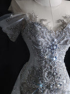 Pretty Mermaid Off The Shoulder Silver Beads Long Prom Dress Formal Evening Dress
