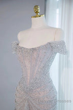 Pretty Mermaid Off The Shoulder Silver Sequin Evening Dress Prom Dress