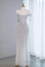 Pretty Mermaid Off The Shoulder Silver Sequin Evening Dress Prom Dress