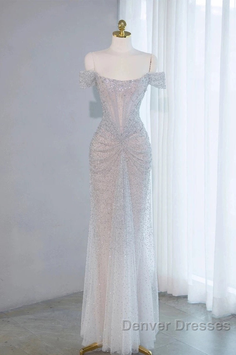 Pretty Mermaid Off The Shoulder Silver Sequin Evening Dress Prom Dress