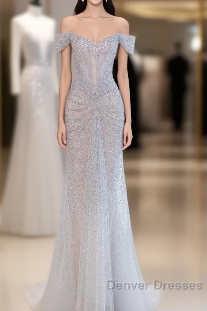 Pretty Mermaid Off The Shoulder Silver Sequin Evening Dress Prom Dress Main image