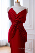 Pretty Mermaid One Shoulder Red Satin Long Evening Dress Prom Dress