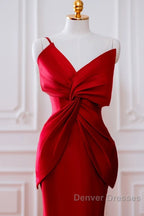 Pretty Mermaid One Shoulder Red Satin Long Evening Dress Prom Dress