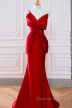Pretty Mermaid One Shoulder Red Satin Long Evening Dress Prom Dress
