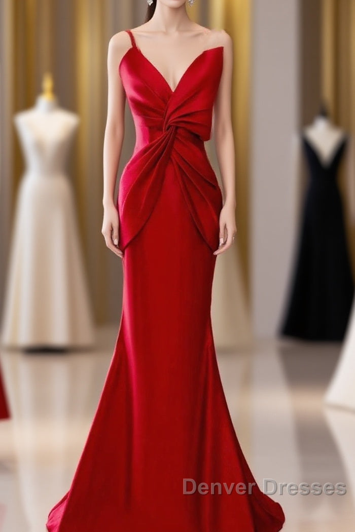 Pretty Mermaid One Shoulder Red Satin Long Evening Dress Prom Dress Main image