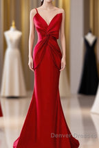 Pretty Mermaid One Shoulder Red Satin Long Evening Dress Prom Dress