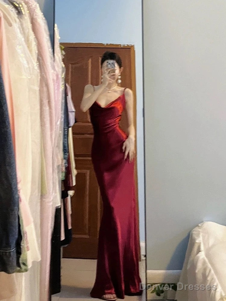 Pretty Mermaid Spaghetti Straps Burgundy Satin Long Floor Length Prom Dresses Secondary image
