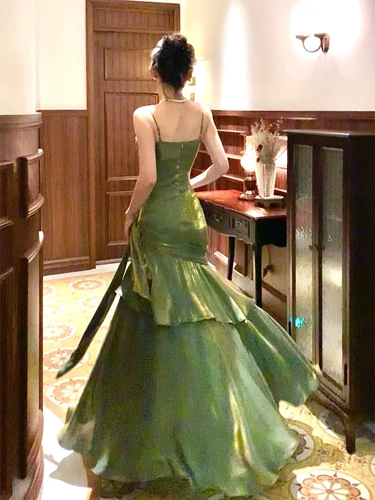 Pretty Mermaid Spaghetti Straps Olive Green Long Prom Dress Evening Gowns