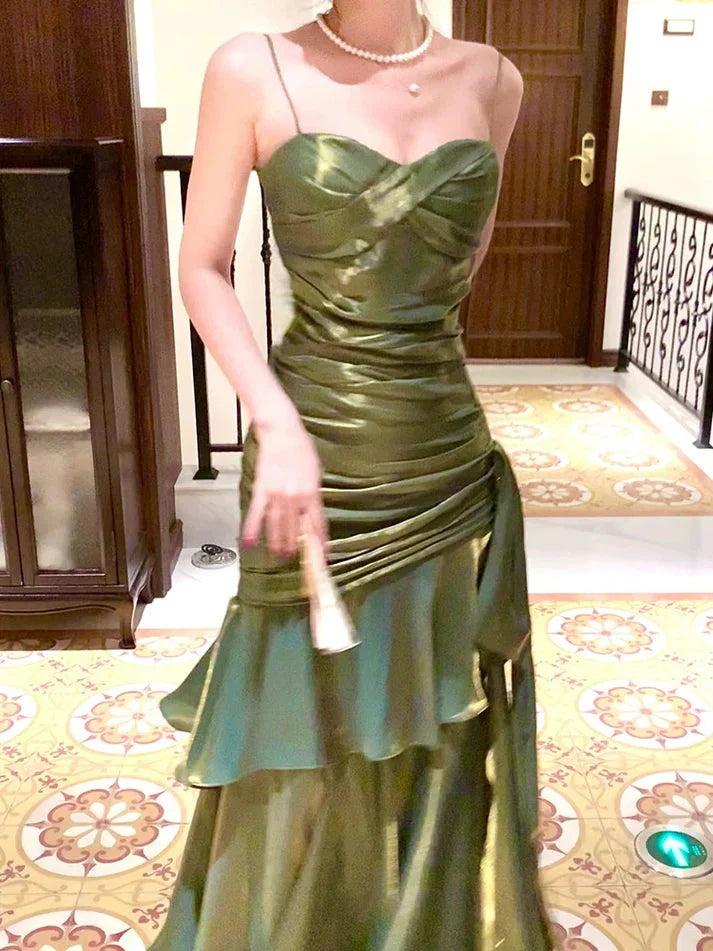 Pretty Mermaid Spaghetti Straps Olive Green Long Prom Dress Evening Gowns