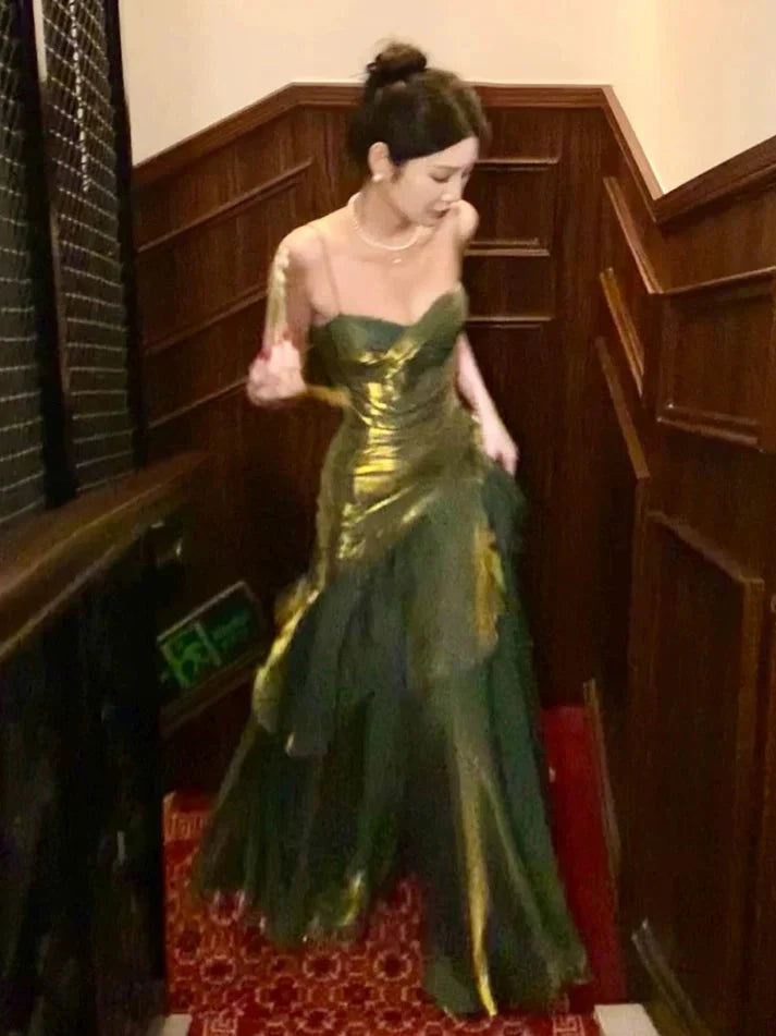 Pretty Mermaid Spaghetti Straps Olive Green Long Prom Dress Evening Gowns