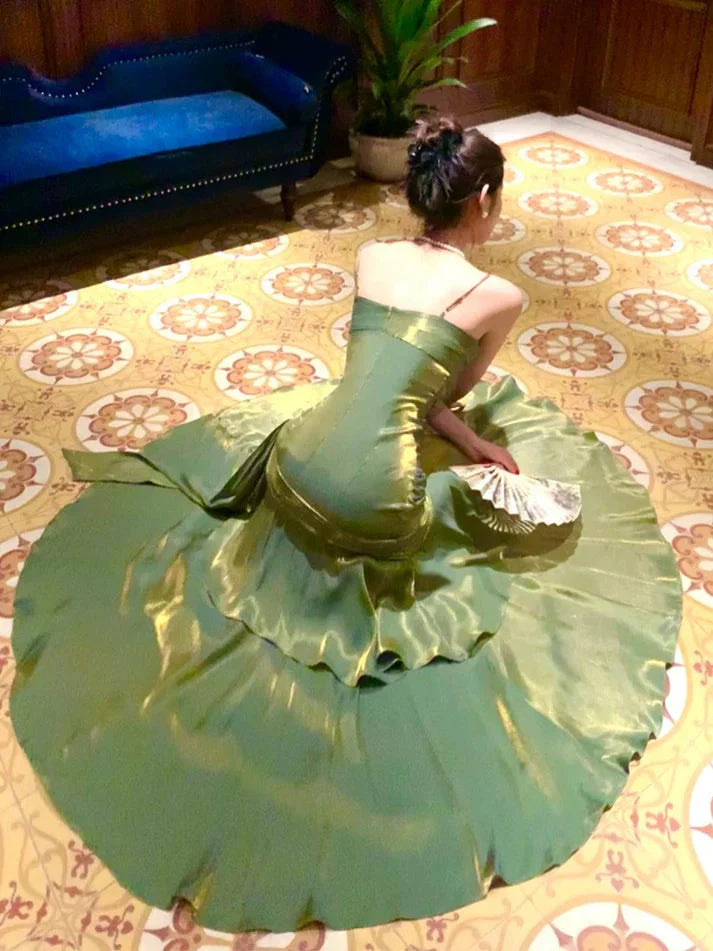 Pretty Mermaid Spaghetti Straps Olive Green Long Prom Dress Evening Gowns