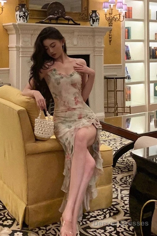 Pretty Mermaid Spaghetti Straps Pink Floral Date Night Dress Prom Dresses Birthday Party Outfit