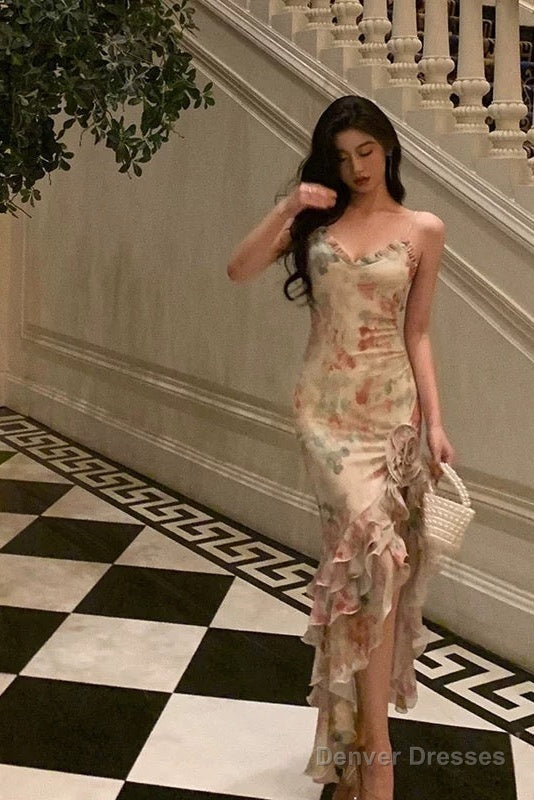 Pretty Mermaid Spaghetti Straps Pink Floral Date Night Dress Prom Dresses Birthday Party Outfit