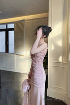 Pretty Mermaid Spaghetti Straps Pink Long Evening Dress Prom Dresses
