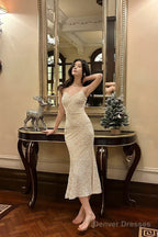 Pretty Mermaid Spaghetti Straps Sequin Ankle Length Evening Dress Prom Dresses