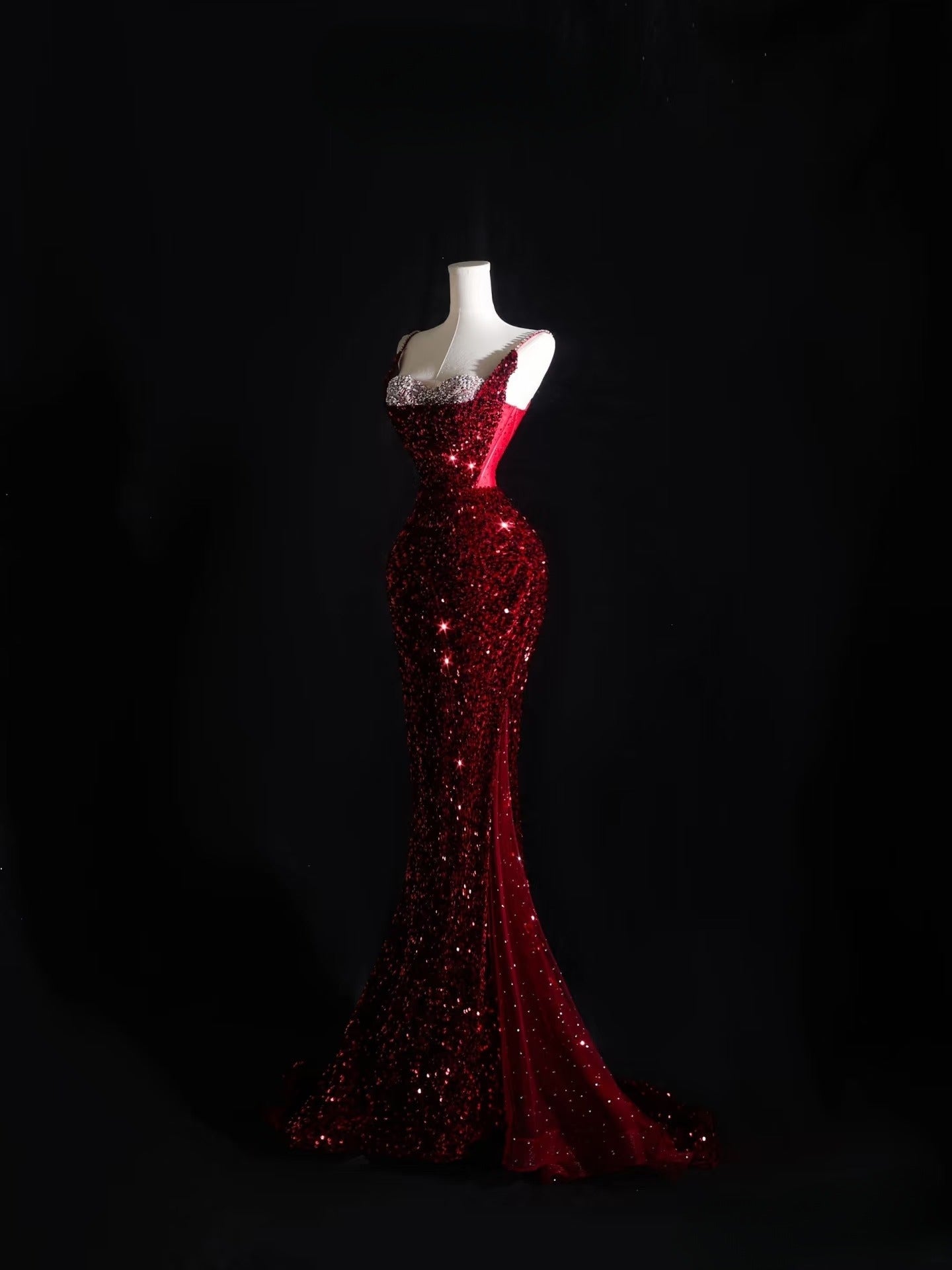Pretty Mermaid Spaghetti Straps Sequin Beads Burgundy Long Prom Dress Formal Evening Dress Secondary image