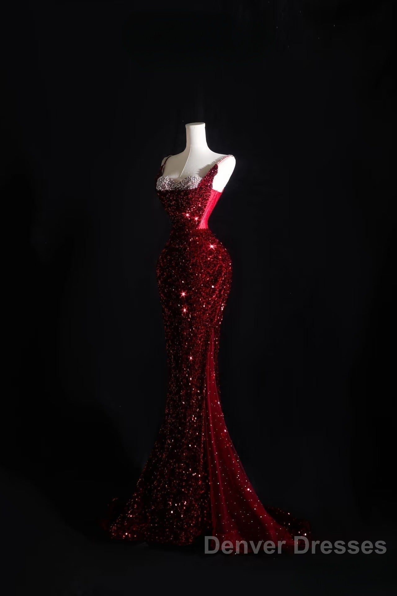 Pretty Mermaid Spaghetti Straps Sequin Beads Burgundy Long Prom Dress Formal Evening Dress Secondary image