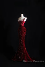 Pretty Mermaid Spaghetti Straps Sequin Beads Burgundy Long Prom Dress Formal Evening Dress