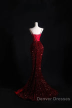 Pretty Mermaid Spaghetti Straps Sequin Beads Burgundy Long Prom Dress Formal Evening Dress