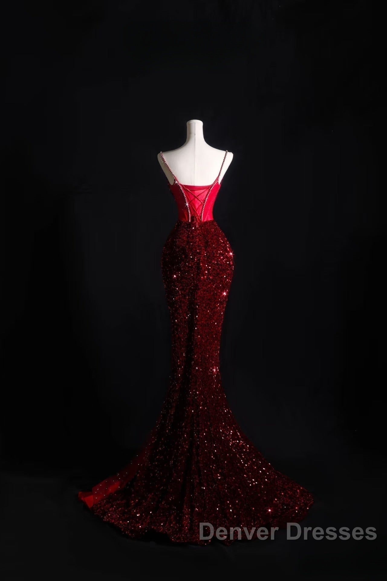 Pretty Mermaid Spaghetti Straps Sequin Beads Burgundy Long Prom Dress Formal Evening Dress