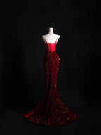 Pretty Mermaid Spaghetti Straps Sequin Beads Burgundy Long Prom Dress Formal Evening Dress