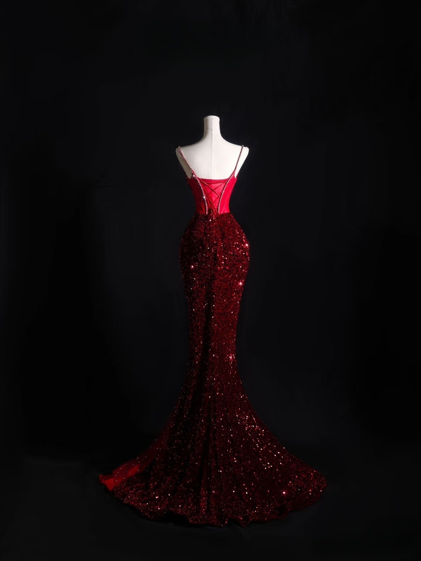Pretty Mermaid Spaghetti Straps Sequin Beads Burgundy Long Prom Dress Formal Evening Dress