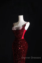 Pretty Mermaid Spaghetti Straps Sequin Beads Burgundy Long Prom Dress Formal Evening Dress