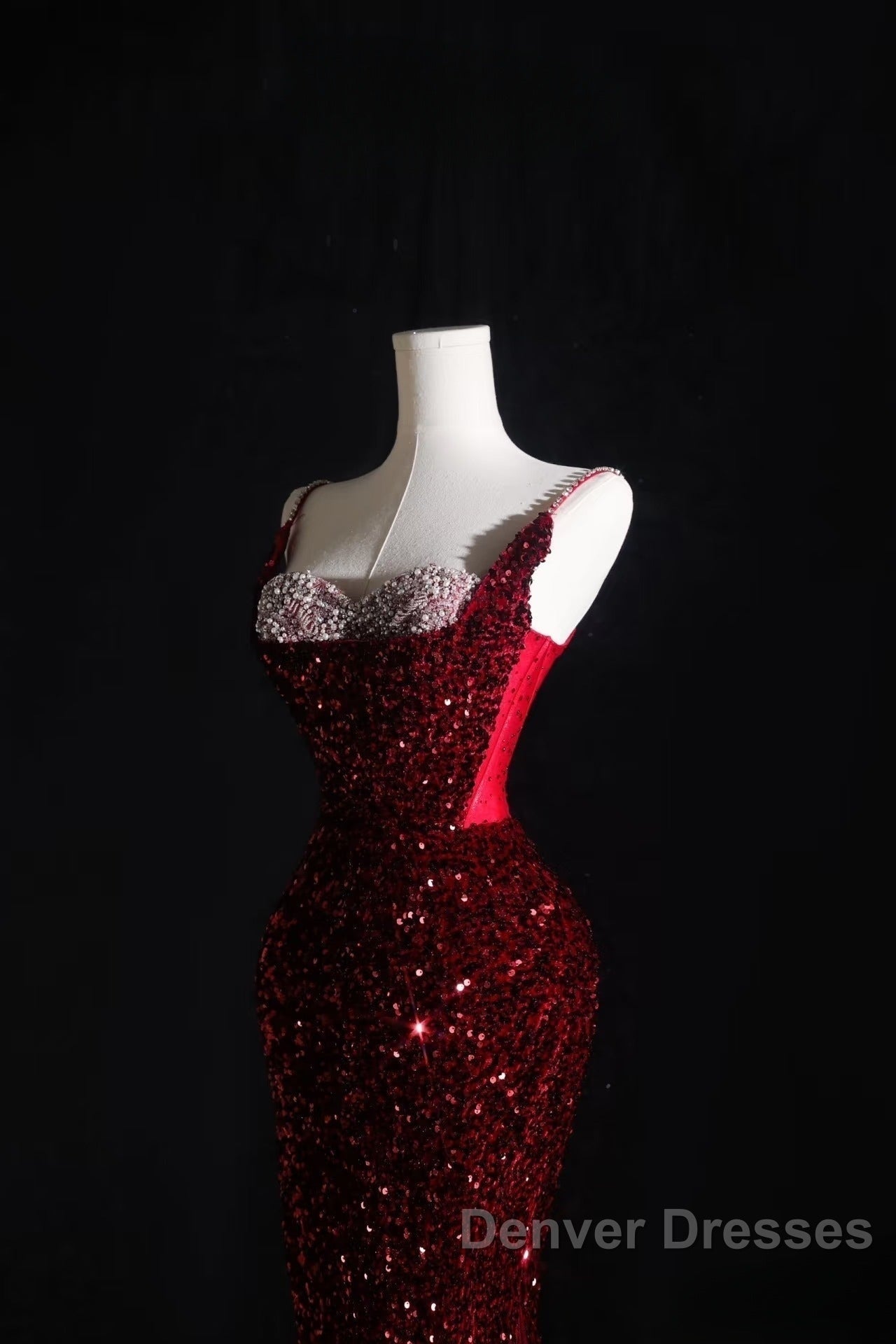 Pretty Mermaid Spaghetti Straps Sequin Beads Burgundy Long Prom Dress Formal Evening Dress