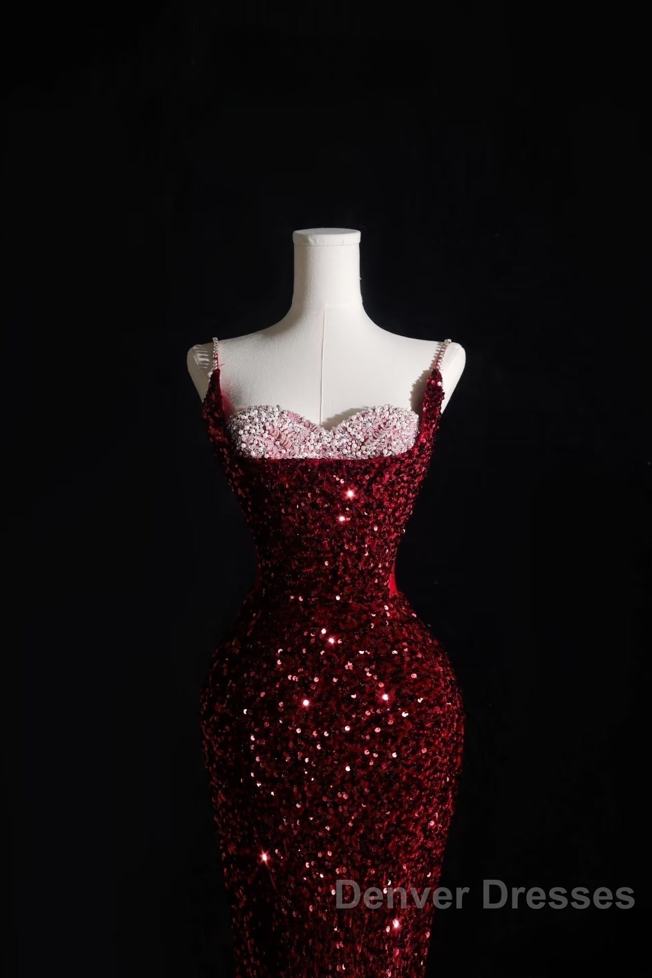 Pretty Mermaid Spaghetti Straps Sequin Beads Burgundy Long Prom Dress Formal Evening Dress