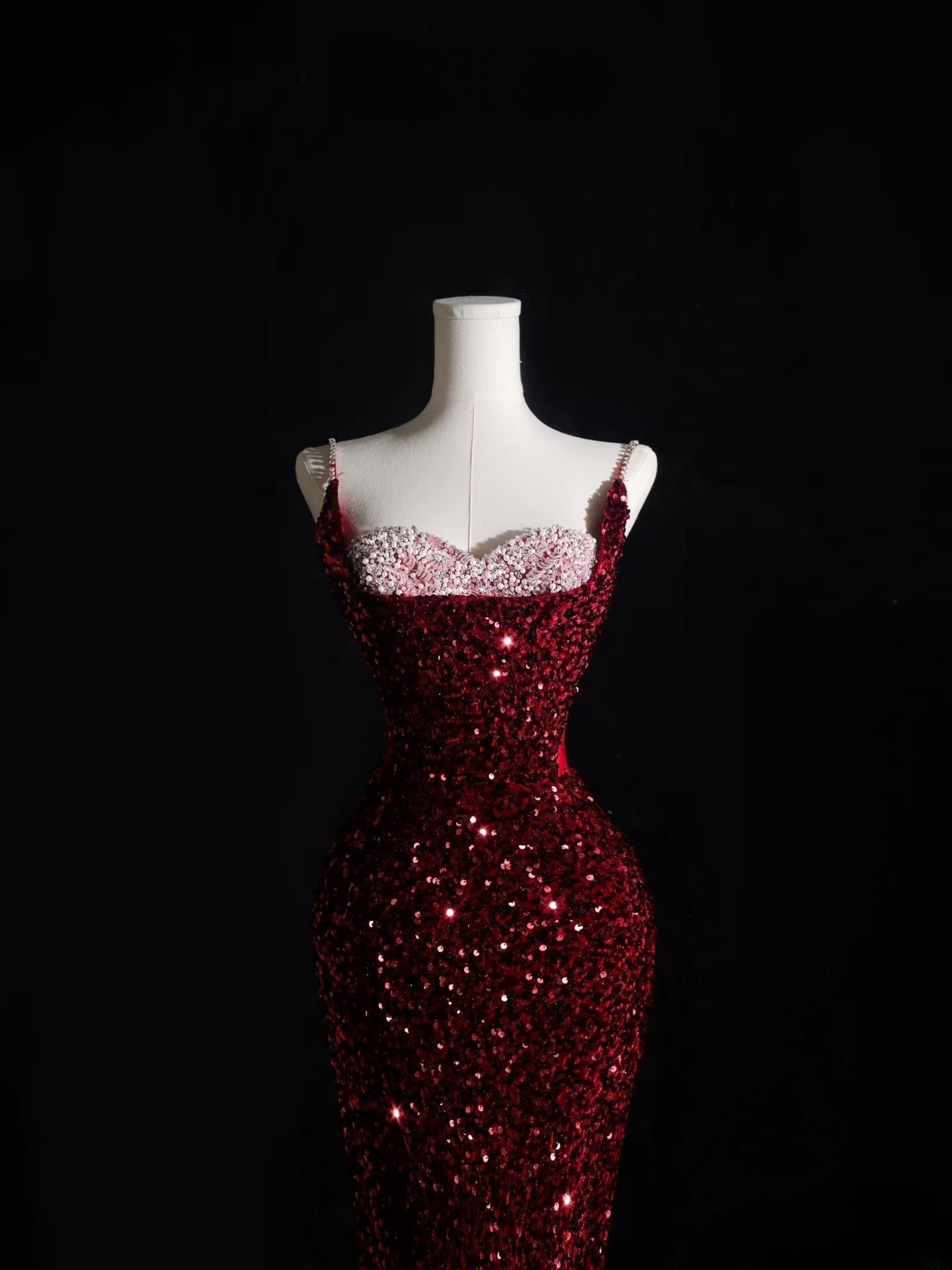 Pretty Mermaid Spaghetti Straps Sequin Beads Burgundy Long Prom Dress Formal Evening Dress