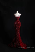 Pretty Mermaid Spaghetti Straps Sequin Beads Burgundy Long Prom Dress Formal Evening Dress
